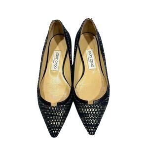 Jimmy Choo Black Gold Woven Pointed Toe Ballet Flat Designer Italy 37.5 Womens